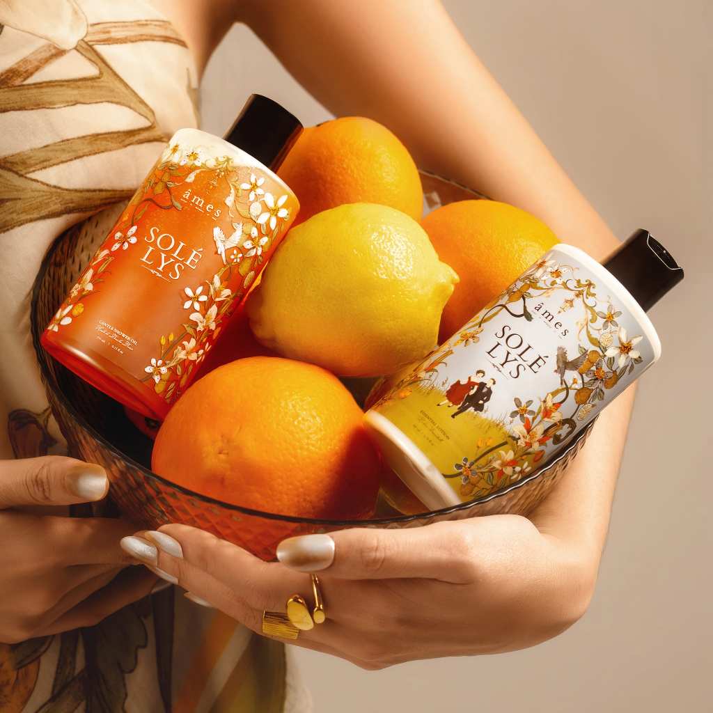 Basket of fruits with Gentle Shower Oil and Essential Lotion