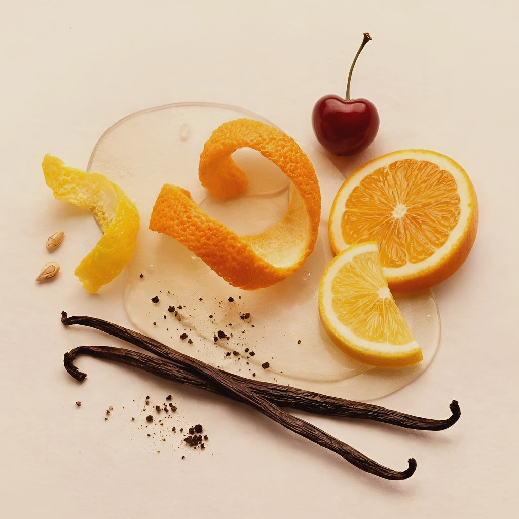 Curled orange peel, lemon twists, dried vanilla pods, and a whole cherry
